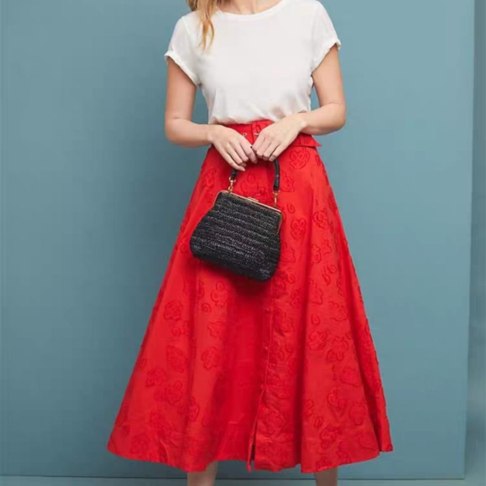 Maeve Anthropologie long red rose skirt NWT